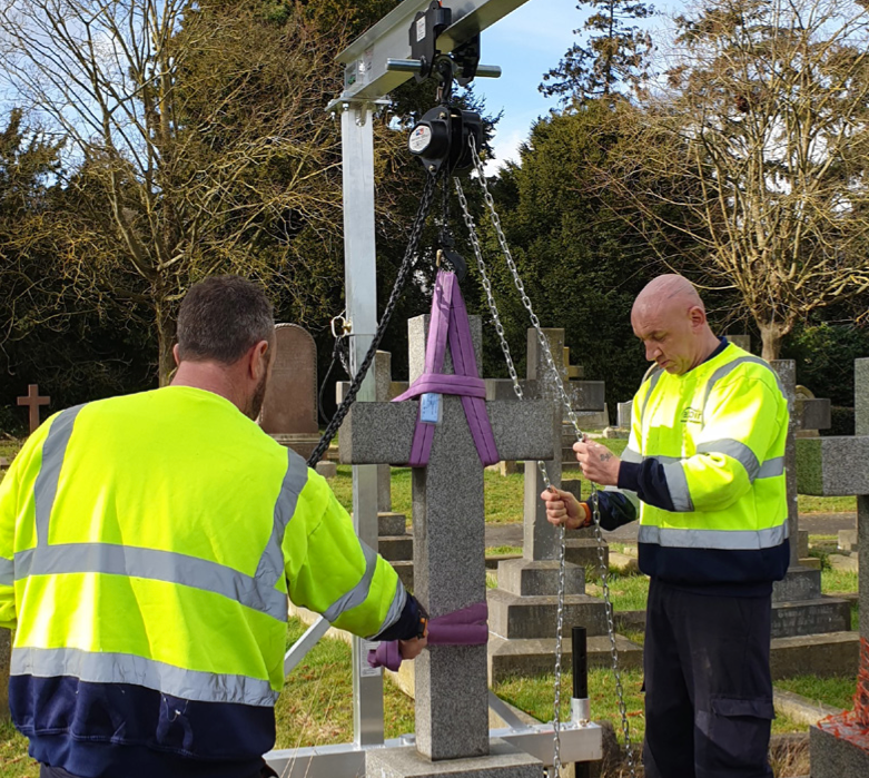 Image entitled Headstone Lifted On Pulley